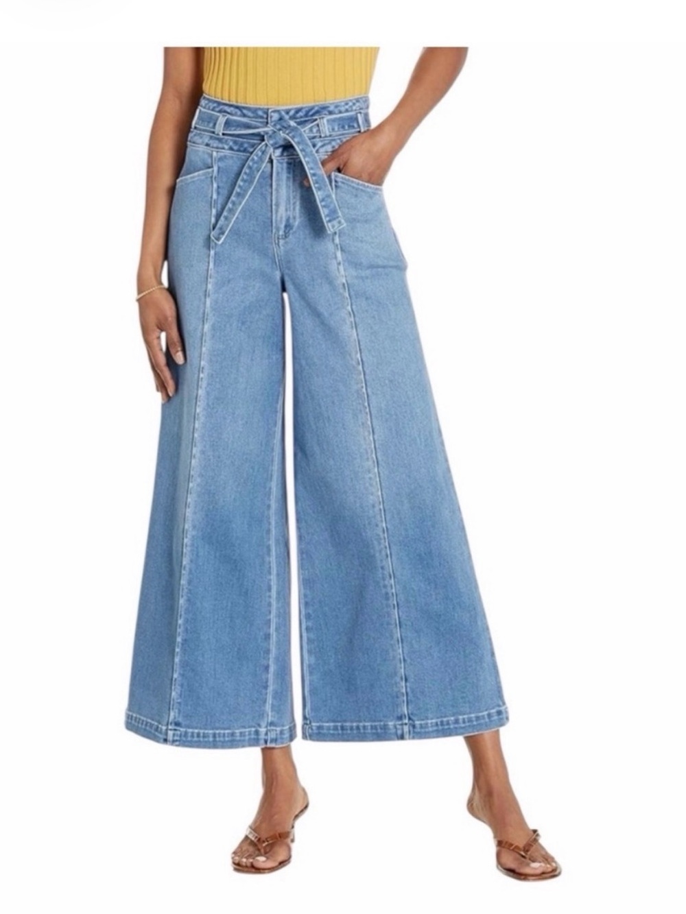 PAIGE Frankie Light Blue High-Rise Wide Leg Tie-Belt Jeans EUC 32